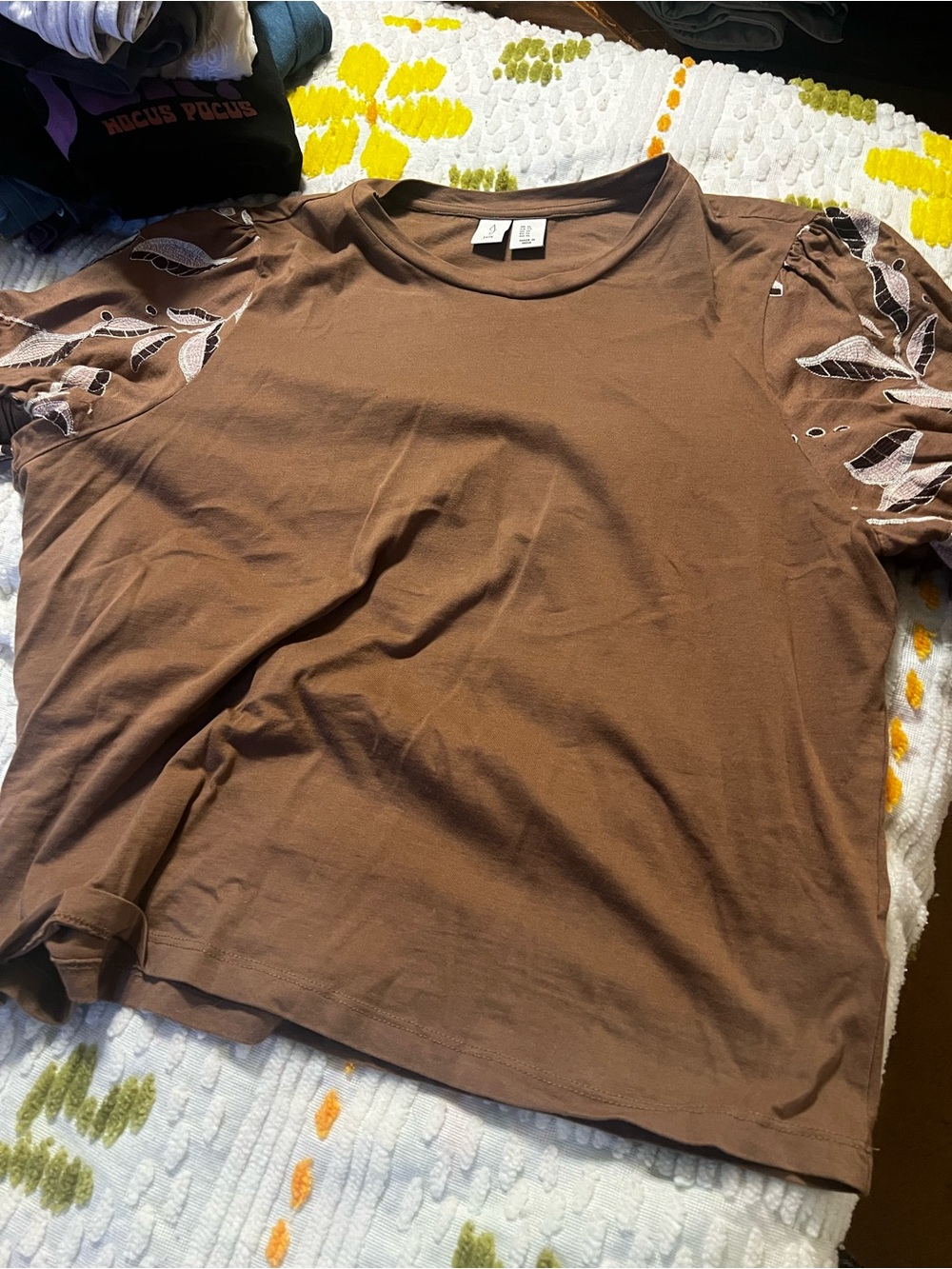 Joie Brown Short Sleeve Tee with Embroidered Leaf Sleeves